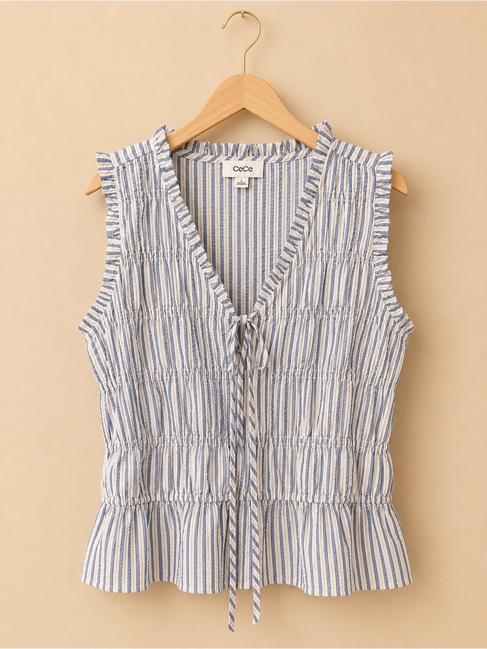 CeCe Blue & White Striped Tie-Front Ruffled Women Tank Top✨